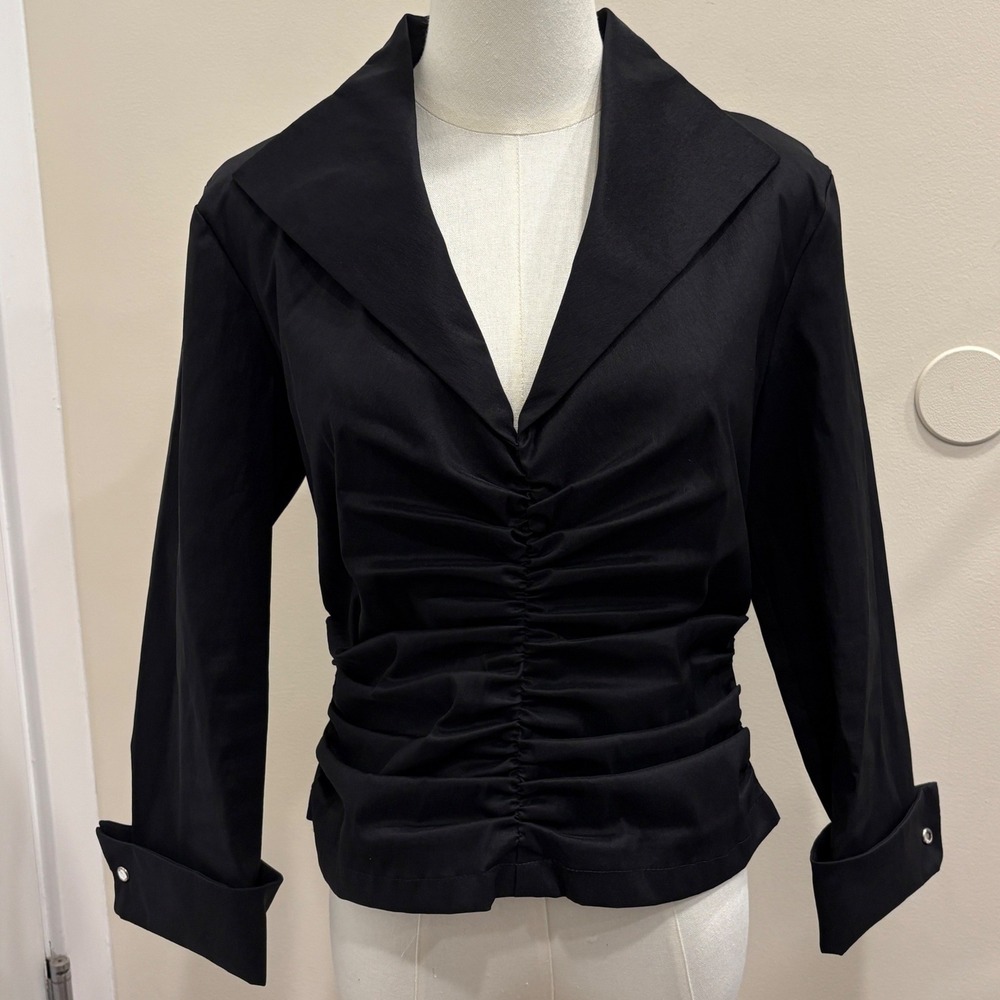 VTG Y2K Tadashi Shoji Black Taffeta Ruched Portrait Collar Evening Top Size 12